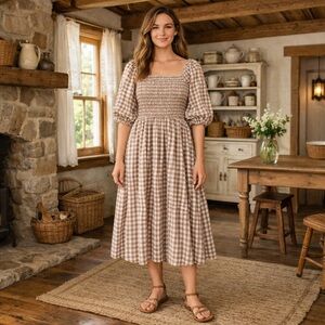 Neuflora Hartselle Dress Large Tan Beige Gingham Plaid Smocked Midi Cottage Core